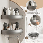 Shower Caddy Suction Cup（2-Pack Gray）, No-Drilling Corner Bathroom Organizer,Rust Proof Shower Shelf for Inside Shower with Removable Hooks & Towel Bar - Image 3