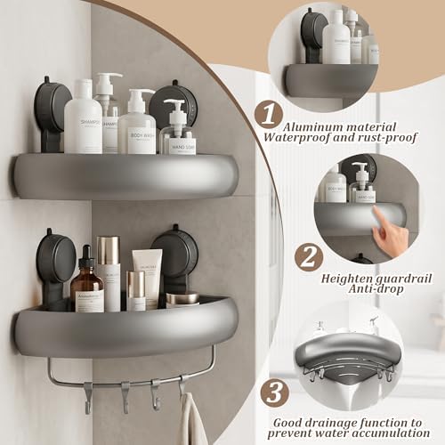 Shower Caddy Suction Cup（2-Pack Gray）, No-Drilling Corner Bathroom Organizer,Rust Proof Shower Shelf for Inside Shower with Removable Hooks & Towel Bar - Image 3