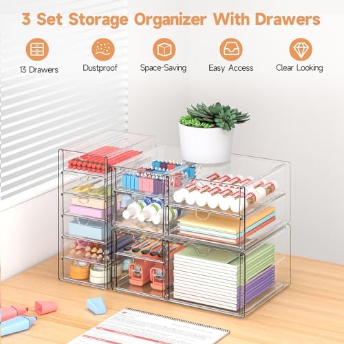 DOMNIU Acrylic Makeup Drawer Storage Organizer with 13 Drawers, 3 Set - Image 6