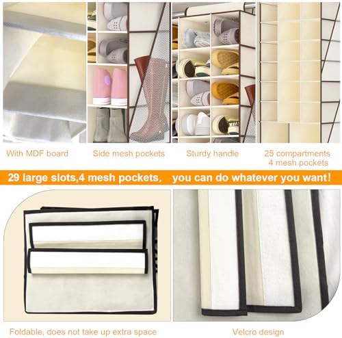 Hanging Shoe Organizer for Closet-Collapsible Storage Rack with 25 Sections & 4 Side Pockets, Hanging Shoe Shelves for Hats,and Clothes, Beige - Image 6