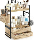 2-Tier Bathroom Counter Organizer with 2 Drawers, Basket and Hooks, Wood Bathroom Organizers and Storage for Countertop, Farmhouse Bathroom Countertop Organizer for Vanity, Kitchen, Coffee Bar, Office by Susoct