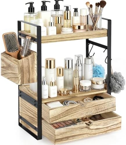 2-Tier Bathroom Counter Organizer with 2 Drawers, Basket and Hooks, Wood Bathroom Organizers and Storage for Countertop, Farmhouse Bathroom Countertop Organizer for Vanity, Kitchen, Coffee Bar, Office by Susoct