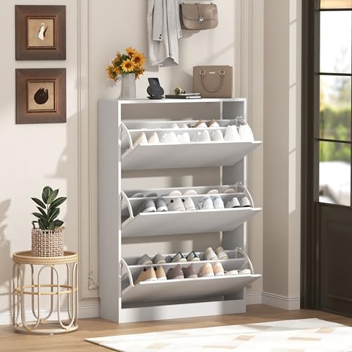 Wodeer Narrow White Shoe Cabinet for Entryway, Slim Shoe Storage Cabinet with 3 Flip Drawers, Hidden Wood Shoe Cabinet Storage, Freestanding Shoe Rack Organizer Foyer, Hallway by WODEER