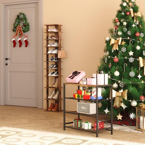 HOMEFORT 10-Tier Vertical Shoe Rack, Corner Shoe Tower, Slim Shoe Organizer with Two Hanging Hooks, Wooden Shoe Storage Stand for Entryway, Hallway, Closet, Rustic Brown - Image 2