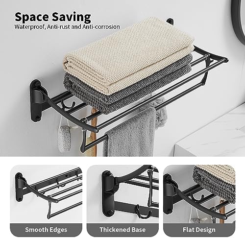 BESy Towel Racks with Foldable Towel Bar Hooks, Wall Mounted Matte Black - Image 2