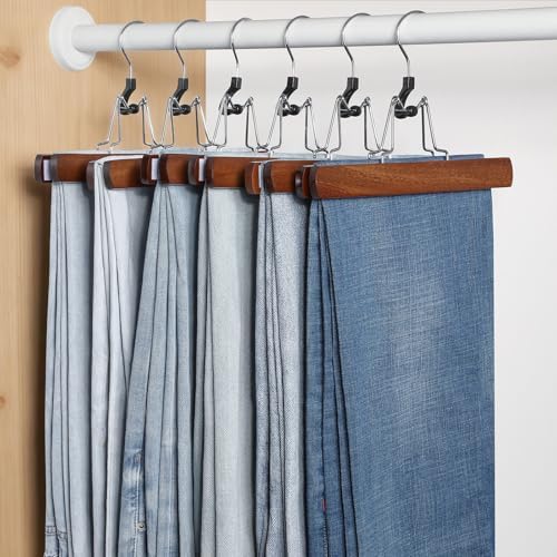 TOPIA HANGER 24 Pack Wooden Pants Hangers, Hair Extension Hangers Non Slip Skirt Hanger Wood Clamp with Velvet Padded 360° Swivel Hook for Jeans, Skirts, Trousers, Wigs Walnut CT68WA - Image 2