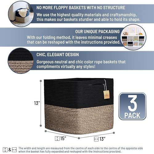 NaturalCozy 13x15x13 Kallax Storage Cubes Bins, 3 Pack | Cotton Rope Cube Storage Bin Woven Baskets for Organizing | Kallax Insert Storage Baskets for Shelves Organizer, Kids Toy, Closet Baby Nursery - Image 2