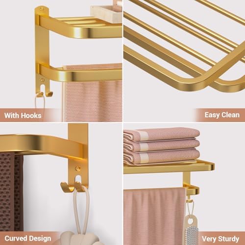 23 Inch Gold Bathroom Towel Rack Towel Shelf with Double Towel Bars Lavatory Wall Mount Holder with Hooks Golden Stainless Steel Hotel Bath Rack - Image 3
