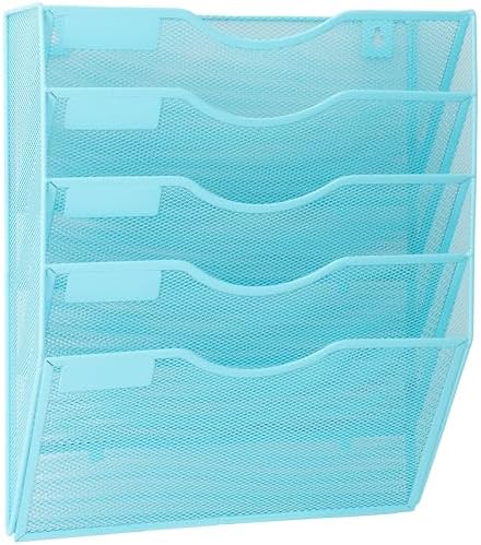 EASEPRES 5 Pocket Mesh Hanging Wall File Organizer, Wall Mounted Mail Paper Document Folder Holder, Clipboard Storage Organization Magazine Rack with Nametag Label for Office Home School, Blue by EASEPRES