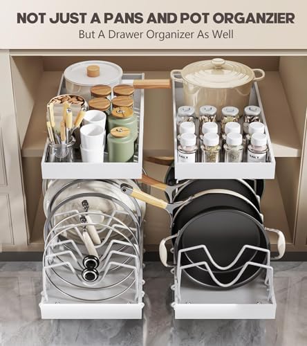 Lozovin Pull Out Pots and Pans Organizer Under Cabinet, Sliding Lid Holder and Pan Rack in Kitchen, Slide Out inside Cabinet Storage for Pot Lid, Bakeware, Dishes, 8 Adjustable Dividers, 2 Pack White - Image 5