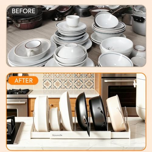 2 Pack Expandable Pots and Pans Organizer under Cabinet, Adjustable Pot Lid Organizer Rack with 9 Stainless Steel Dividers, Food Container Lid Holder for Kitchen Countertop Storage (White) - Image 4