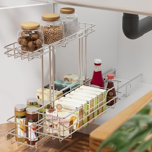 2 Tier Under Sink Organizer 11" W X18 D, Pull Out Cabinet Organizer One Removable Basket, Under Sink Slide Out Chrome Plated, Under Kitchen Bathroom Sink Organizer, 2 Pack - Image 4
