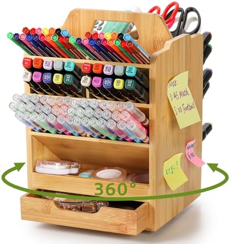 SOUJOY Bamboo Pen Holder Organizer, 360°Rotating Art Supply Storage Caddy, Hold 400+ Pencils, 15 compartments Office Desk Stand Box with Handle for Marker Pens, Colored Pencil, Art Brushes by SOUJOY