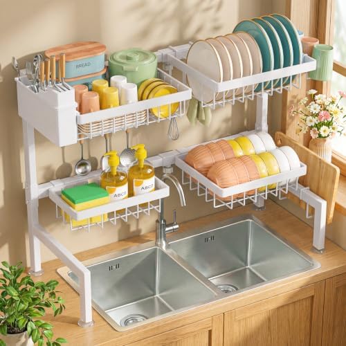 SNSLXH 4 Baskets 2-Tier Over The Sink Dish Drying Rack, 26.57"-35" White by SNSLXH