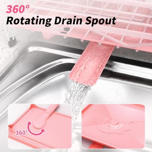 Expandable 2-in-1 Dish Drying Rack with Drainboard (Pink) - Image 4