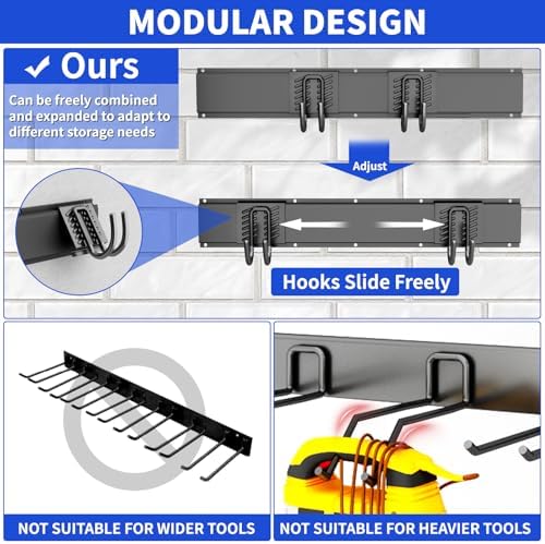 Garage Tool Organizer Wall Mount, 48 Inch Heavy Duty Garden Tool Organizer Storage System, Easy Install with 6 Adjustable Hooks, for Garage, Basement, Shed, Workshop, Black, Steel - Image 4