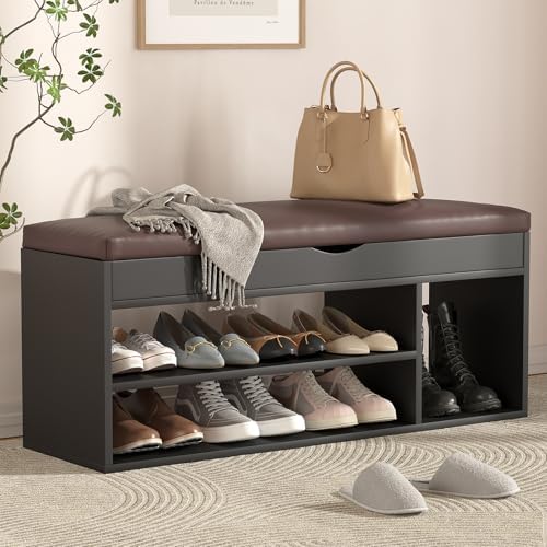 Apicizon 39 Inches Storage Bench with Padded Cushion, Shoe Bench with Storage Space, Upholstered Entryway Bench for Living Room, 2-Tier Shoe Rack Organizer, Black by APICIZON