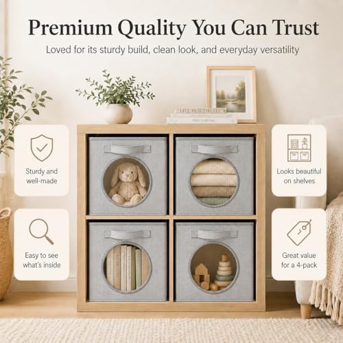 Fabric Storage Cubes with Mesh Window, 11'' Cube Storage Bin, Gray, 4 Pack - Image 3