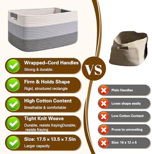3 Pack Large Storage Basket for Organizing, 17.5"x13"x7" Woven Basket for Shelves, Closet Cube Storage Bins with Wrapped Handle, Cotton Rope Baskets for Kitchen, Clothes, Toys(Gradient Grey) - Image 5