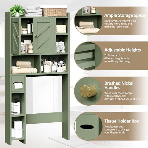 Over The Toilet Storage Cabinet, 64.6" Tall Bathroom Organizer Space Saver with Toilet Paper Holder & Adjustable Shelf, Freestanding Wood Cabinet for Small Space, Green - Image 5