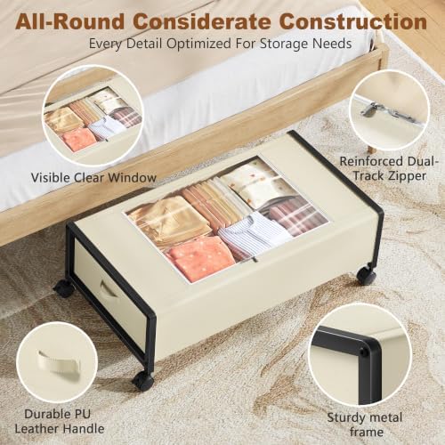 Hoctieon 70L Under Bed Storage with Wheels, 2-Pack Rolling Containers with Clear Lids, Underbed Organizer for Clothes, Shoes, Blankets, Ideal for Bedroom and Dorm Room Use(30" L x 16.5" W x 10.2" H) - Image 4