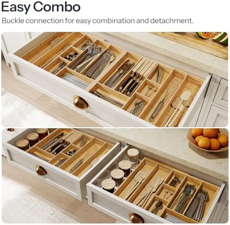 HOOBRO Large Silverware Organizer Kitchen Drawer Organizer, Magnetic Connected Expandable Utensil Organizer From 22.8 to 35.4 Inches, Bamboo 16 Slots Cutlery Tray with Knife Holder, Natural YL07TL01 - Image 6