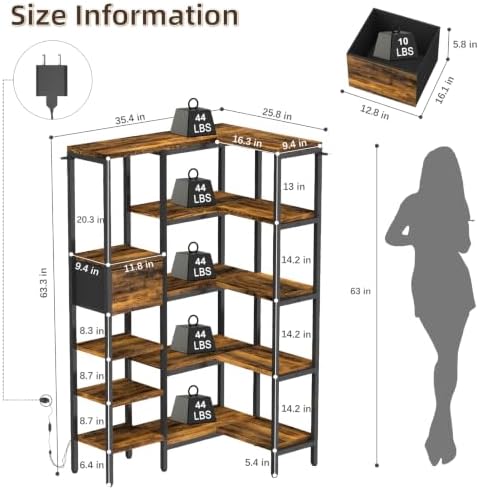 YOSHOOT L-Shaped Corner Bookshelf with LED Light Strips & Fabric Drawer, 5-Tier Industrial Convertible Book Shelf Freestanding Display Shelf for Living Room, Home Office, Bedroom (Rustic) - Image 2