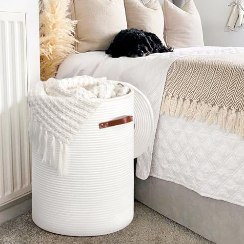 CHICVITA Large Woven Laundry Hamper with Lid & Leather Handles, 60L, White - Image 7