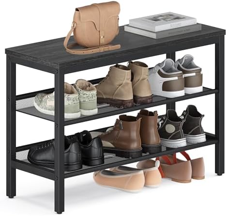 VASAGLE 3 Tier Shoe Rack Bench, One Piece Shelves, Shoe Storage Organizer with Raised Edges, Industrial Style, Easy Assembly, 11 x 29.5 x 19.7 Inches, Charcoal Gray and Matte Black ULSB070BA01S by VASAGLEbySONGMICSHOME