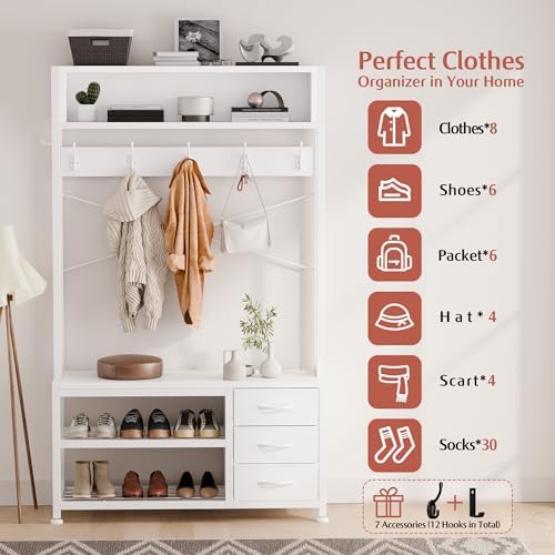 Hall Tree with Bench & 3 Drawers Storage 31.5" Coat Rack Entryway Organizer - Image 3