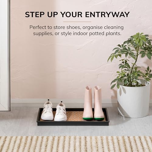 Anji Mountain Heavy Duty Waterproof Rubber Shoe Storage Mat Organizer/Boot Storage Multi Use for Entryway with Coir, Tan and Blue Insert, Fits 2 Pair (24.5" Wide) - Image 2