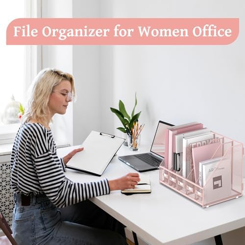 SUPEASY Desk Organizers Metal Desk Magazine File Holder with 5 Vertical Compartments Rack File Organizer for Office Desktop, Classroom, Home Workspace, Pink - Image 7