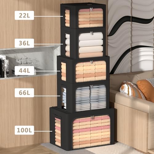 CYhom 3Pack Frame Storage Box - Clothes Storage Bin Bags Oxford Fabric Foldable Stackable Container Organizer Set with Clear Window & Carry Handles (Black, Small-22L) - Image 4
