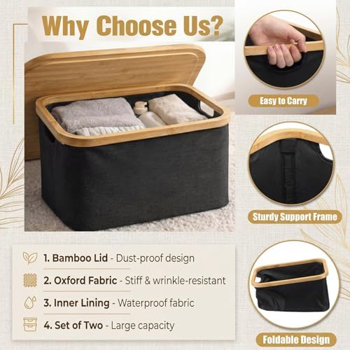 Novabright 2 Pcs Collapsible Storage Basket with Bamboo Lids 15" x 10" Foldable Fabric Storage Bins with Handles for Organizing Shelves Closet Laundry Room Bathroom Clothes Towel(Black) - Image 3