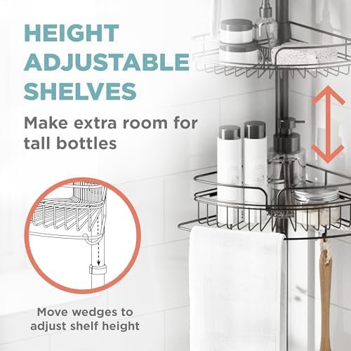 Zenna Home Tension Pole Shower Caddy Corner Organizer, Adjustable Standing Shower Caddy with 4 Baskets and Built in Towel Bar, Rust Resistant Bathroom Tension Rod Organizer, 60 to 97 Inch, Bronze - Image 4