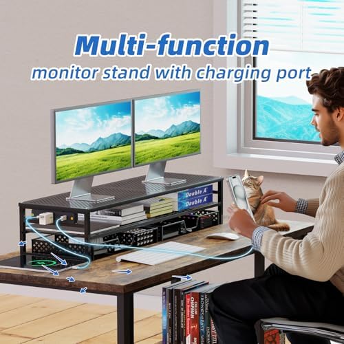 Simple Trending 2-Tier Metal Dual Monitor Stand with USB & 2 Drawers, Black - Image 6