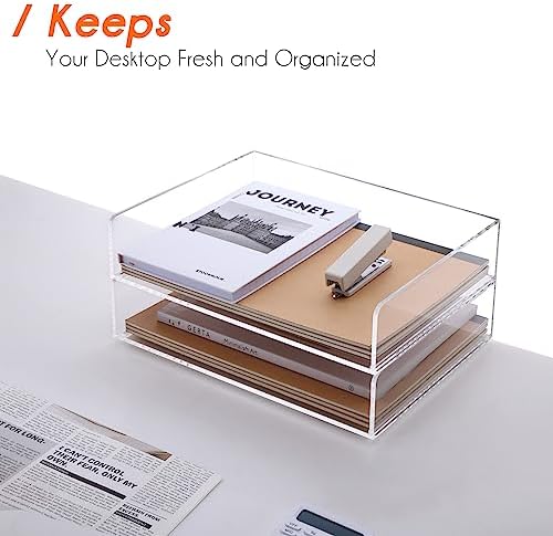 HeZone Paper Organizer, 2 Tier Stackable A4 Size Acrylic Letter Tray, Office/Home/School Organization - Clear - Image 4