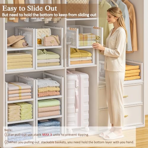 3 Pack Stackable Closet Organizers and Storage Basket, Wire Closet Shelf Organizer Storage Bins, Pull-Out Sweatshirt Organizer for Wardrobe Cupboard, Space-Saving Cube Clothes Storage Drawer, White - Image 4