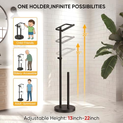 BESy Toilet Paper Holder Stand Adjustable Pivoting Design, Freestanding Tissue Roll Holder with Storage for Bathroom Floor, Tissue Rack Durable SUS 304 Stainless Steel Heavy-Duty Base Matte Black - Image 3