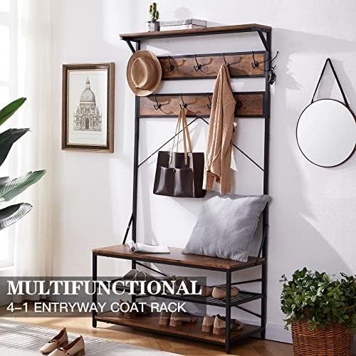 3-in-1 Entryway Coat Rack,Vintage Industrial Hall Tree 72 Inch with Storage Bench and Coat Racks Entryway Storage Shelf Organizer with 9 Hooks， Large Size, Wood Look Accent Furniture with Metal Frame - Image 2