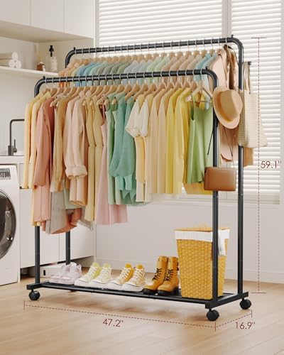 Sakugi Double Rod Clothes Rack Mesh Shelf & Hooks, 47.2x16.9x59.1, Black - Image 2
