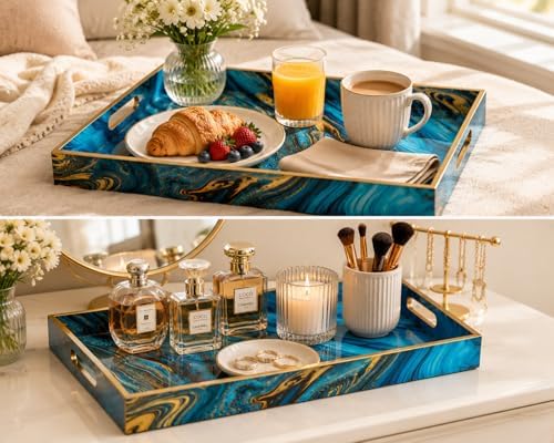 Decorative 2 pcs Tray Set with Gold Handles, Elegant Luxury Style, for Living Room, Kitchen and Vanity (Marble Blue Design) - Image 7