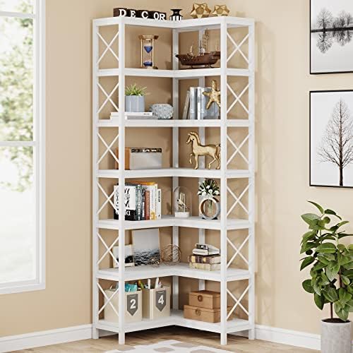 Tribesigns 7-Shelf Corner Bookshelf,Large Modern Corner Bookcase, 7-Tier Tall Corner Shelf Storage Display Rack with Metal Frame for Living Room Home Office (White) by Tribesigns