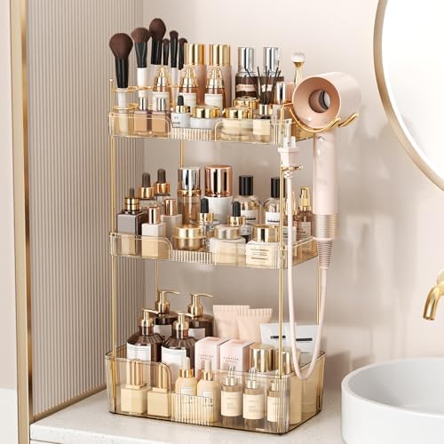 Bathroom Counter Organizer for Vanity, Makeup Organizer Countertop with Holder, Large Capacity Storage Rack, Perfect Large Skincare, Hair Care, Perfume, Easy to Install (Gold, 3Tiers) by Weidace