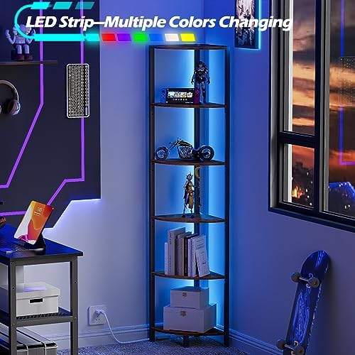 Furnulem 6 Tier Corner Shelf with LED Light, 67.5" Corner Narrow Bookshelf - Image 3