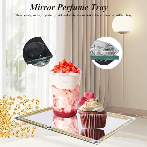Gold Crushed Diamond Mirror Vanity Tray, 15.7" Large Perfume Dresser Tray - Image 5