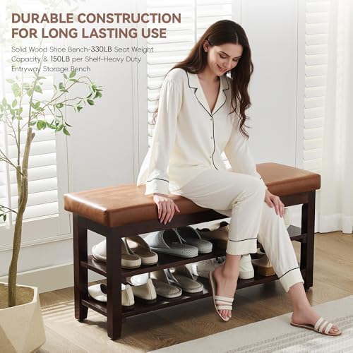 40" Shoe Bench with Leather Cushion, Upholstered Entryway Bench, Light Brown - Image 4