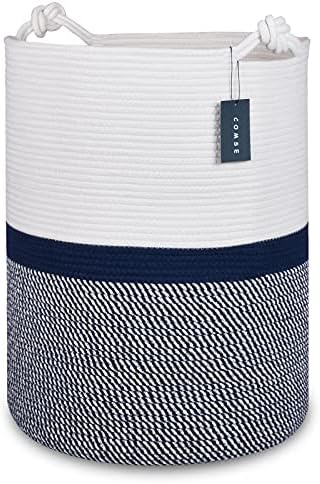 COMSE Tall Woven Blanket & Laundry Basket, 72L, Blend White & Navy Blue by COMSE