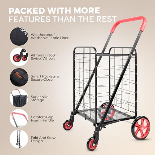 SereneLife Large Folding Utility Shopping Cart with Removable Liner – Heavy Duty, 360° Swivel Wheels, 110 lb Capacity, Portable for Groceries, Laundry, Luggage, and More (Red) - Image 2