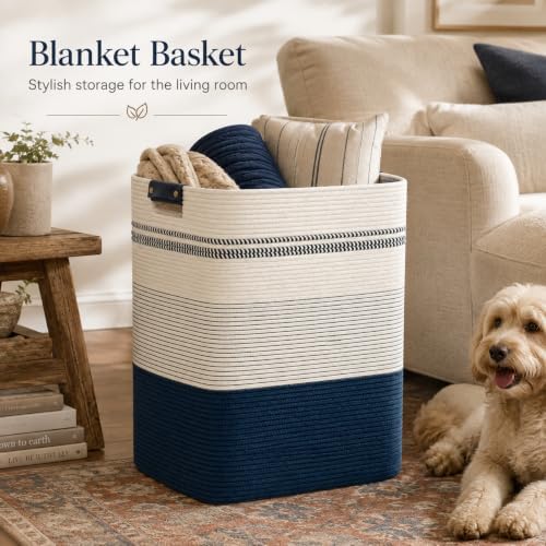 Laundry Hamper, Cotton Rope Laundry Basket with Leather Handles, 25.1-Gallon/95 L Large Clothes Hampers for Laundry, Woven Laundry Baskets for Blankets, Clothing, Bedroom, Living Room, Nursery - Image 2
